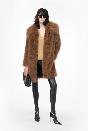 SOIL BROWN Pinko Fur-effect pea coat | MYQAV77086