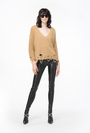 TANNIN BEIGE Pinko Ribbed pullover with rips | AMYWC93614
