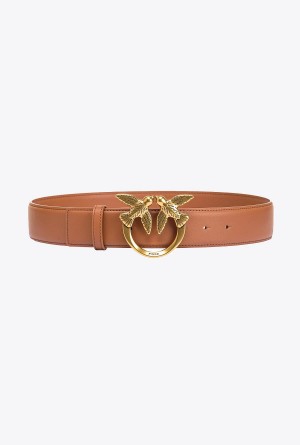 TAN ANTIQUE GOLD Pinko Love Birds high leather belt 4cm | MYDFL12166