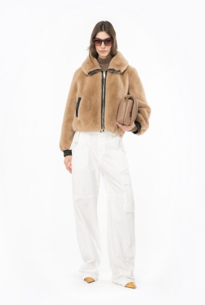 WARM TAUPE BEIGE Pinko Faux fur bomber jacket | MYJZR30286