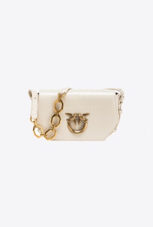 WHITE+WHITE-ANTIQUE GOLD Pinko Mini Love Bag Click Exagon in patent crocodile-print leather | MYXMI63254