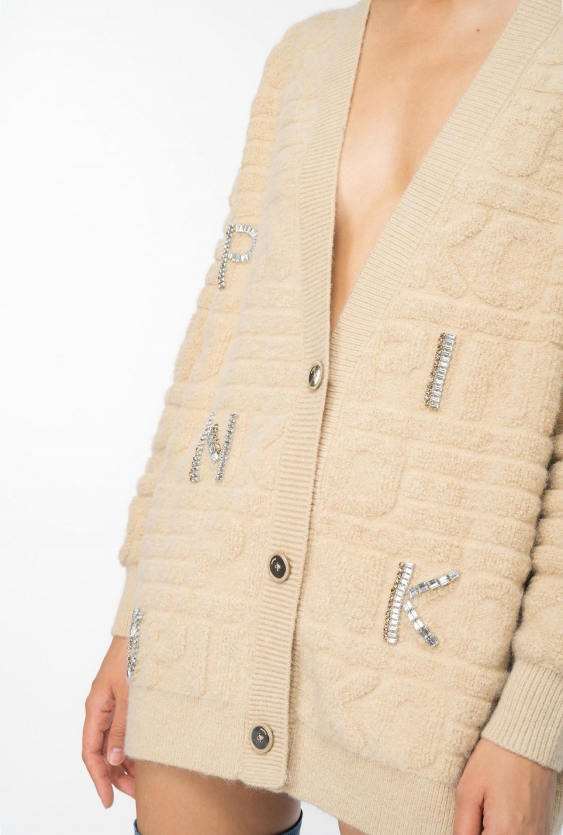 BEIGE-NOUGAT Pinko Cardigan with 3D rhinestone logo | MYDFL21687
