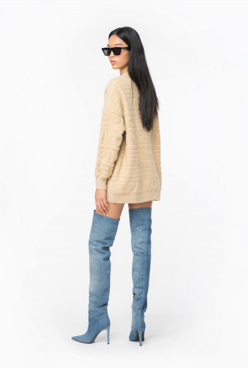 BEIGE-NOUGAT Pinko Cardigan with 3D rhinestone logo | MYDFL21687