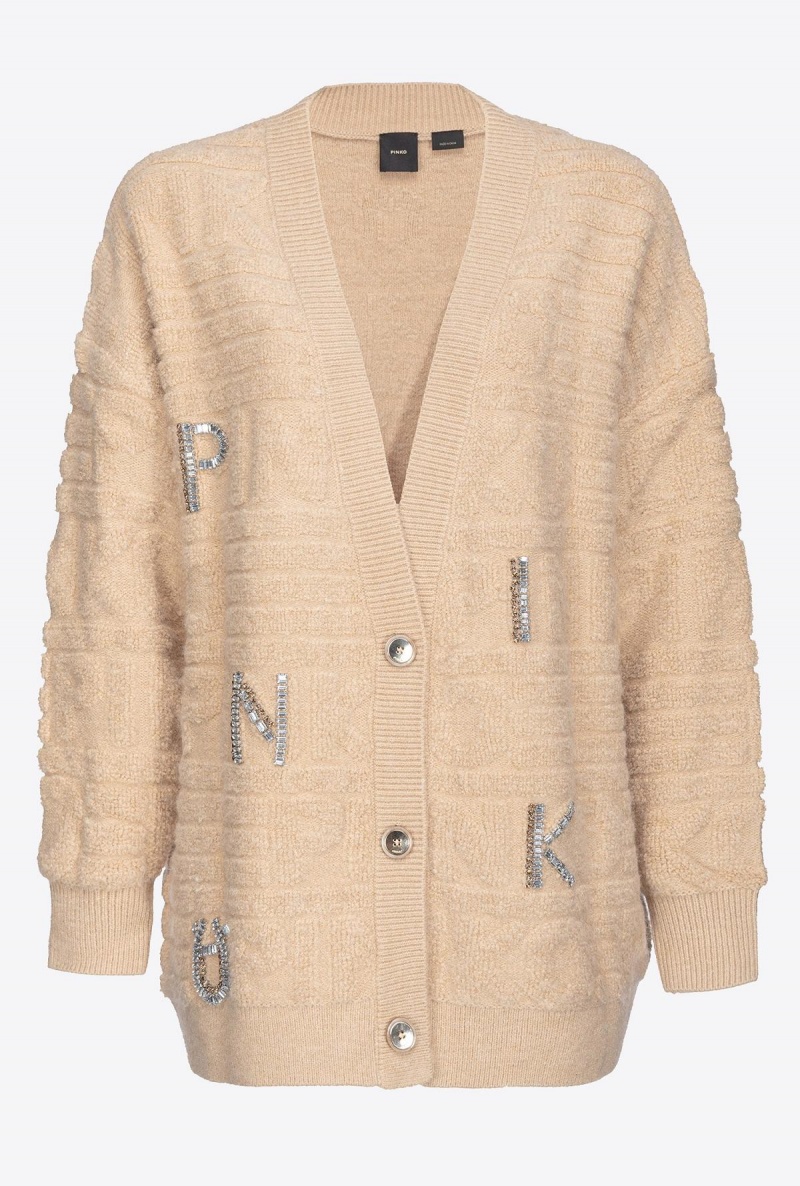 BEIGE-NOUGAT Pinko Cardigan with 3D rhinestone logo | MYDFL21687