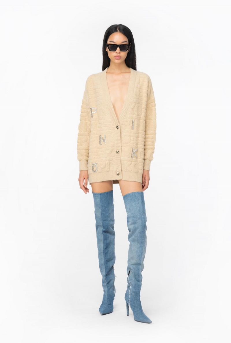 BEIGE-NOUGAT Pinko Cardigan with 3D rhinestone logo | MYDFL21687