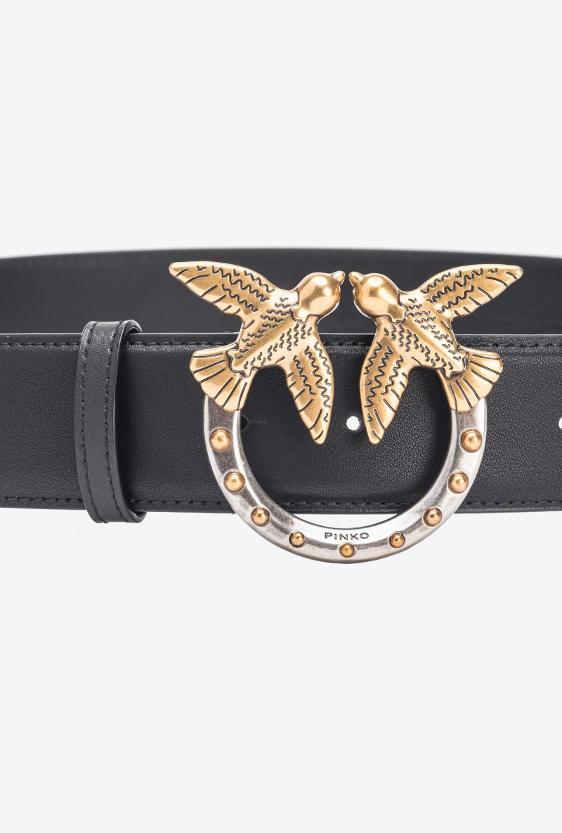 BLACK-ANTIQUE GOLD Pinko High-waist Love Birds belt with studs 4cm | TMYPQ48050