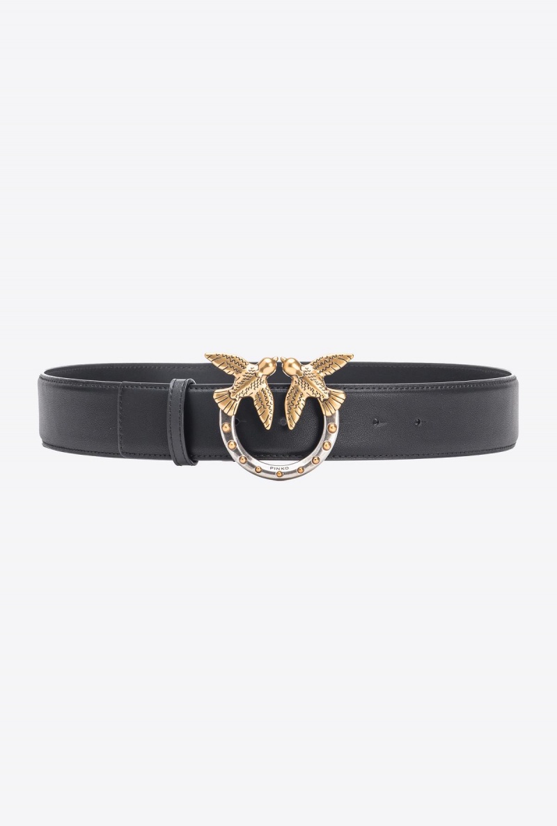 BLACK-ANTIQUE GOLD Pinko High-waist Love Birds belt with studs 4cm | TMYPQ48050
