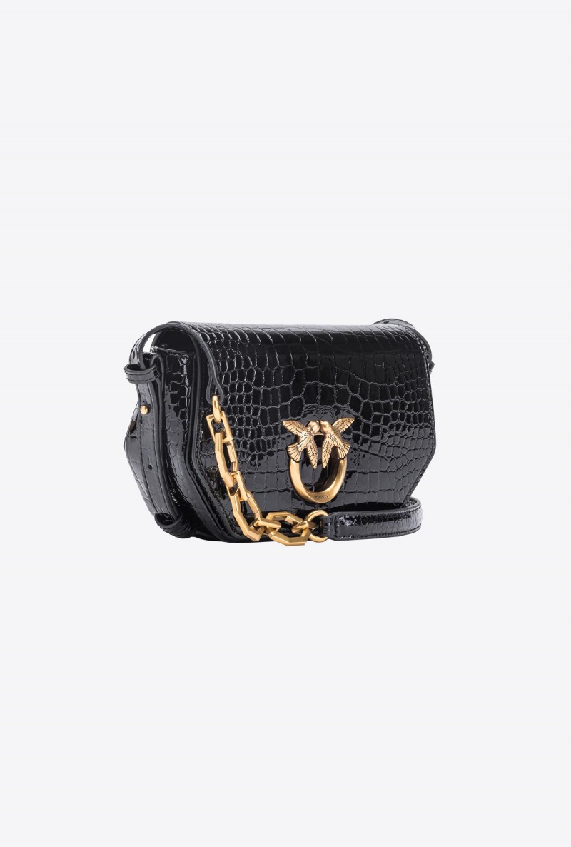 BLACK-ANTIQUE GOLD Pinko Mini Love Bag Click Exagon in patent crocodile-print leather | MMYFT52255