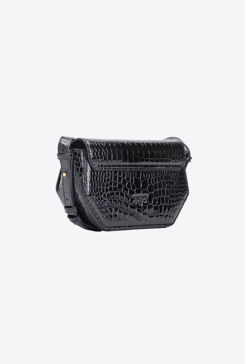 BLACK-ANTIQUE GOLD Pinko Mini Love Bag Click Exagon in patent crocodile-print leather | MMYFT52255