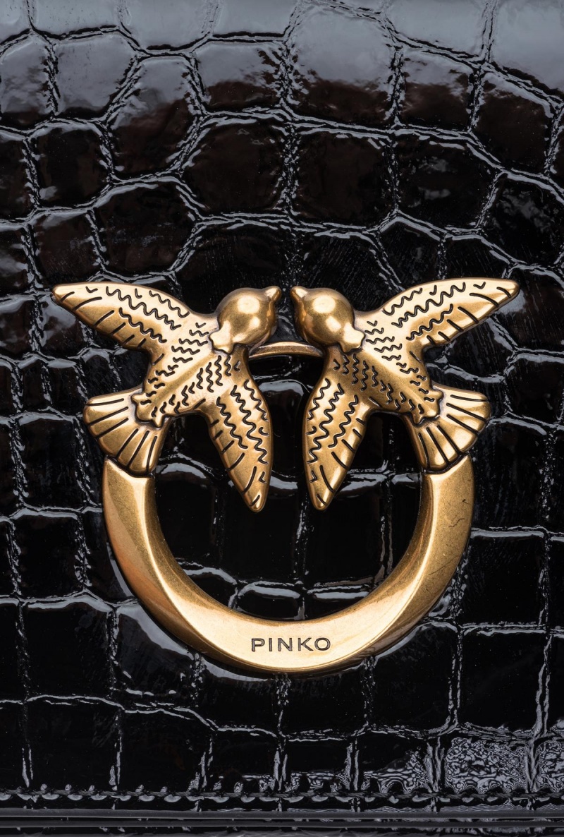 BLACK-ANTIQUE GOLD Pinko Mini Love Bag Click Exagon in patent crocodile-print leather | MMYFT52255