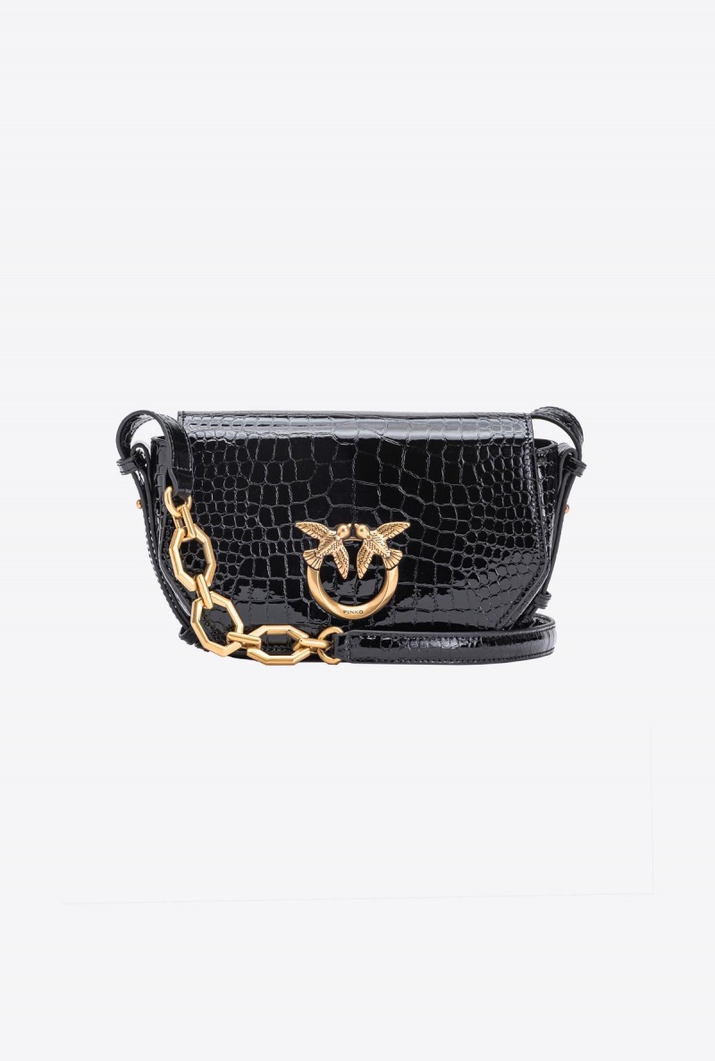 BLACK-ANTIQUE GOLD Pinko Mini Love Bag Click Exagon in patent crocodile-print leather | MMYFT52255