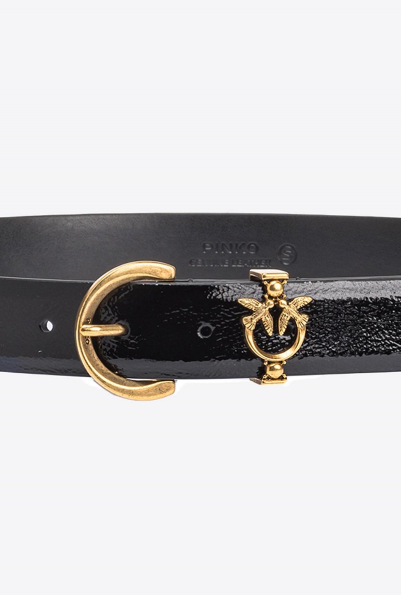 BLACK-ANTIQUE GOLD Pinko Patent leather belt with Love Birds detail 3cm | PMYER57861