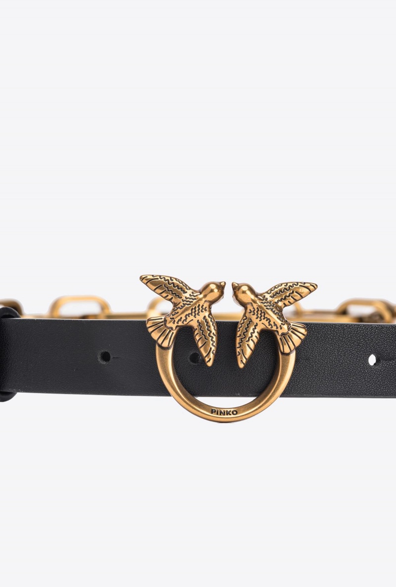 BLACK-ANTIQUE GOLD Pinko Thin Love Birds belt with chain 2cm | SMYVO25053