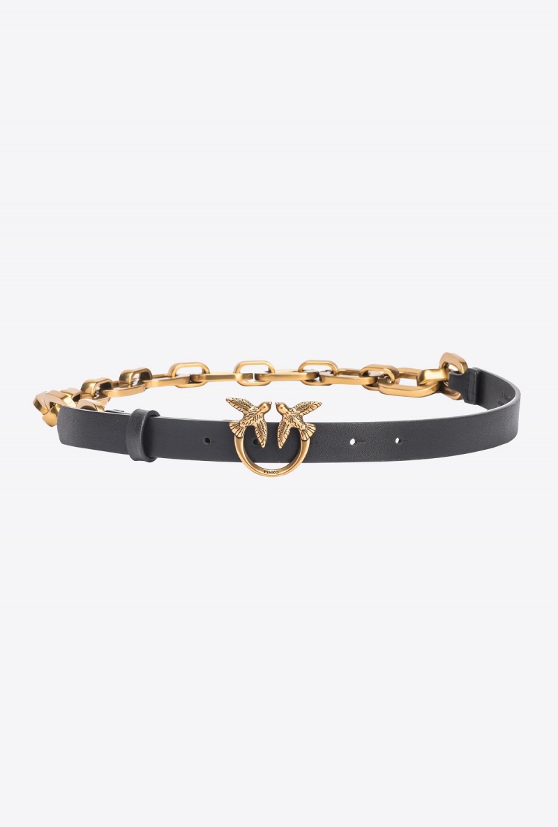 BLACK-ANTIQUE GOLD Pinko Thin Love Birds belt with chain 2cm | SMYVO25053