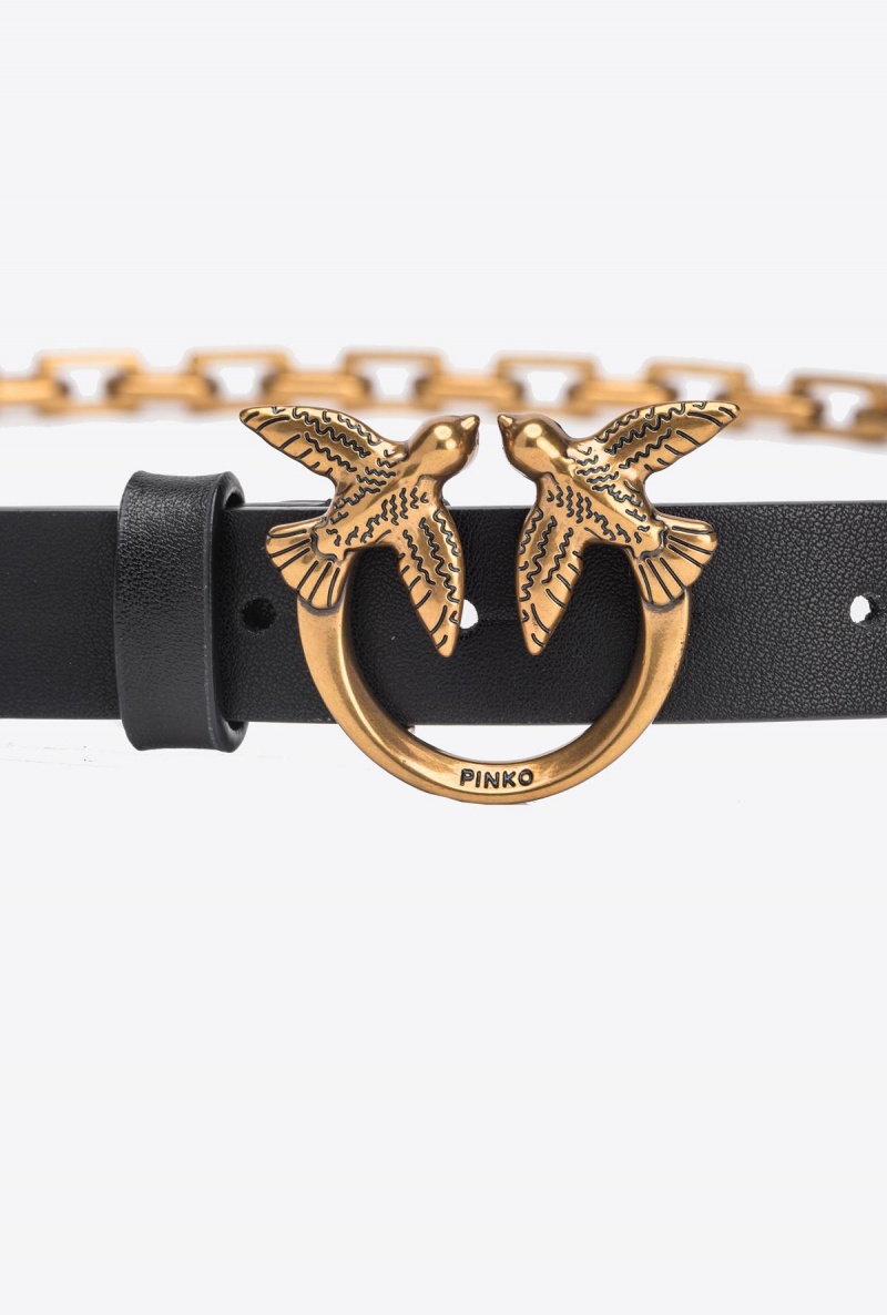 BLACK-ANTIQUE GOLD Pinko Thin Love Birds belt with chain 2cm | AMYWC29348