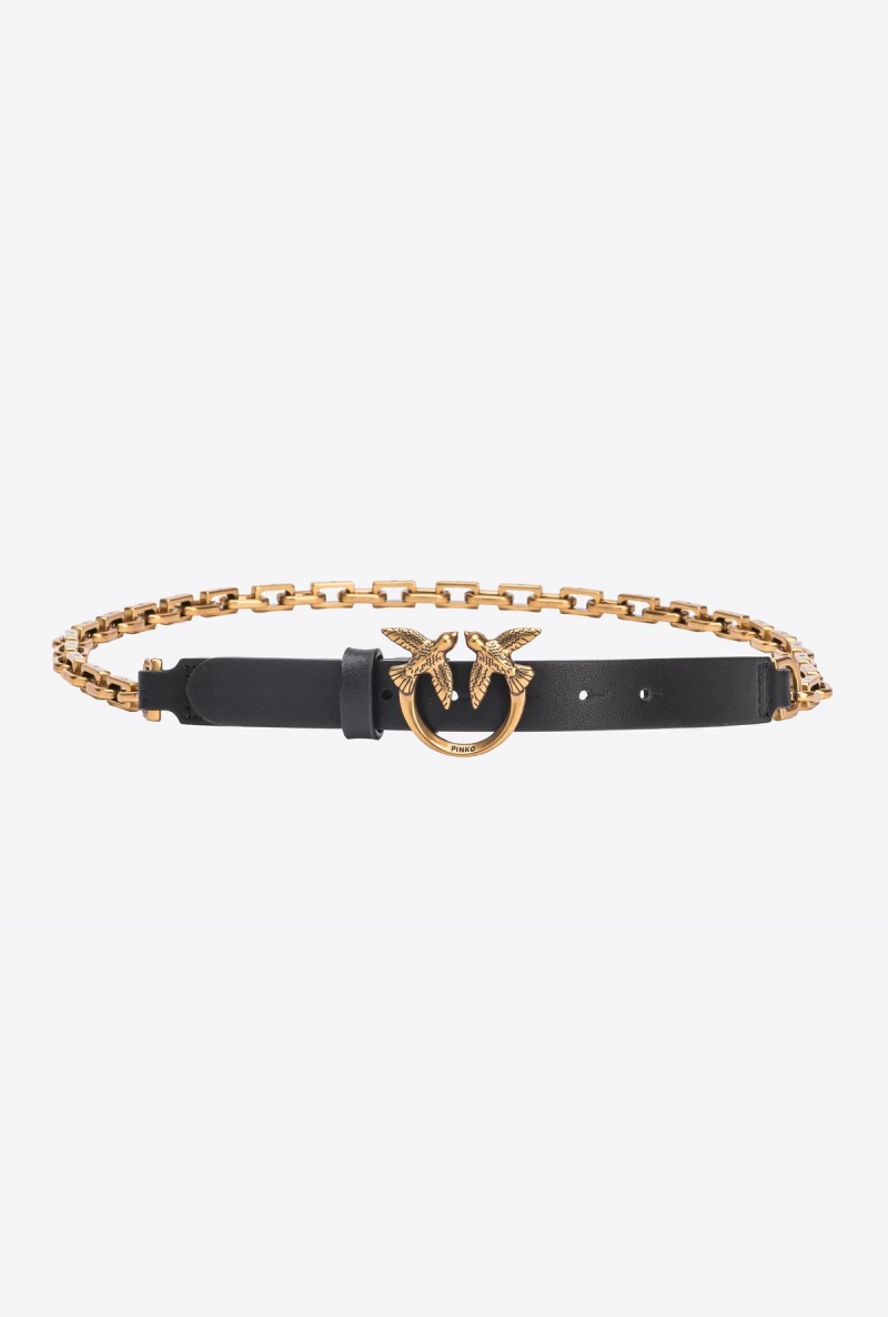 BLACK-ANTIQUE GOLD Pinko Thin Love Birds belt with chain 2cm | AMYWC29348
