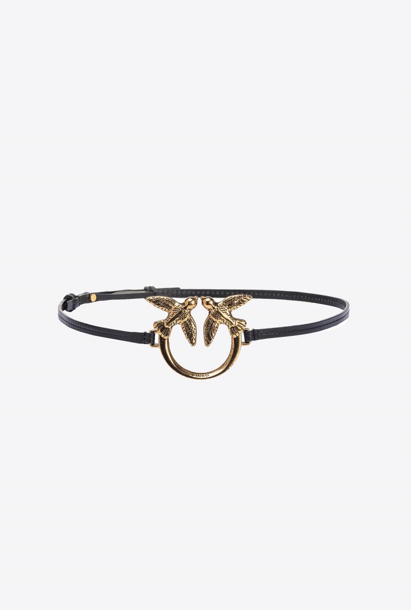 BLACK-ANTIQUE GOLD Pinko Thin belt with large Love Birds buckle | YMYGT58520