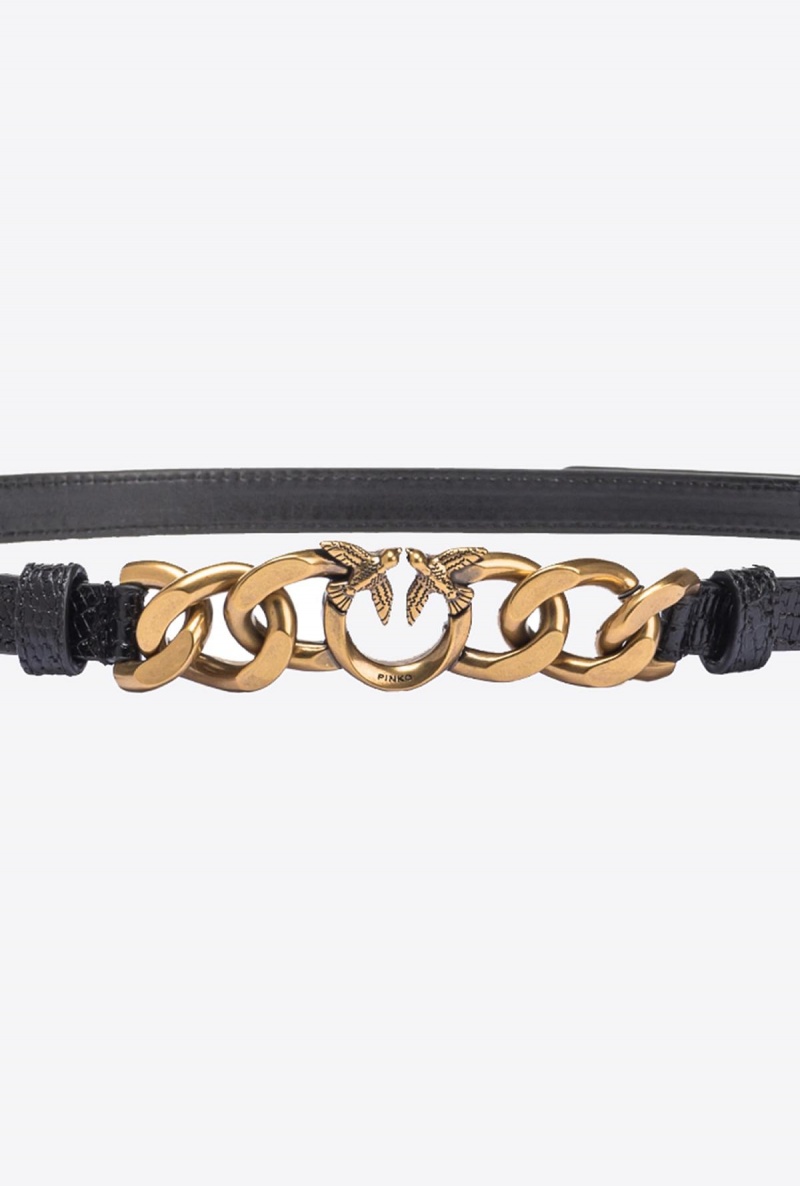 BLACK-ANTIQUE GOLD Pinko Thin reptile-print belt 1cm | MYQAV39432