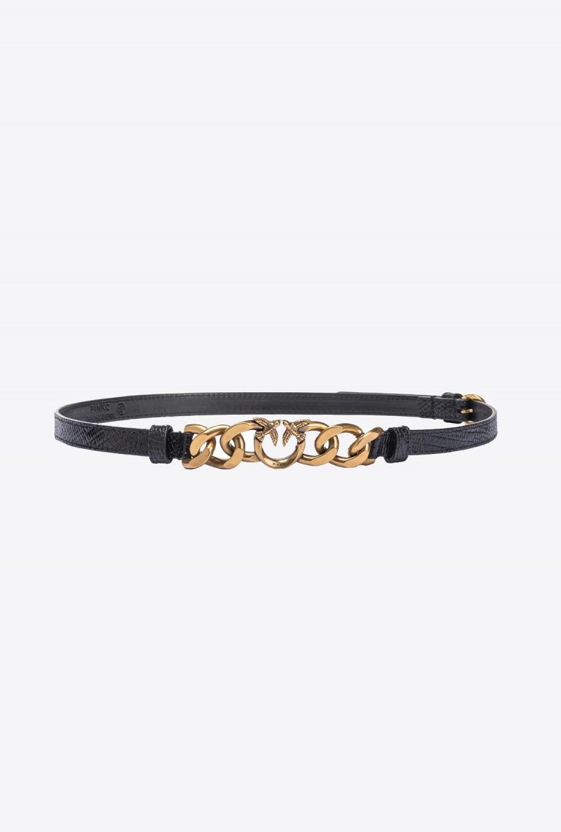BLACK-ANTIQUE GOLD Pinko Thin reptile-print belt 1cm | MYQAV39432