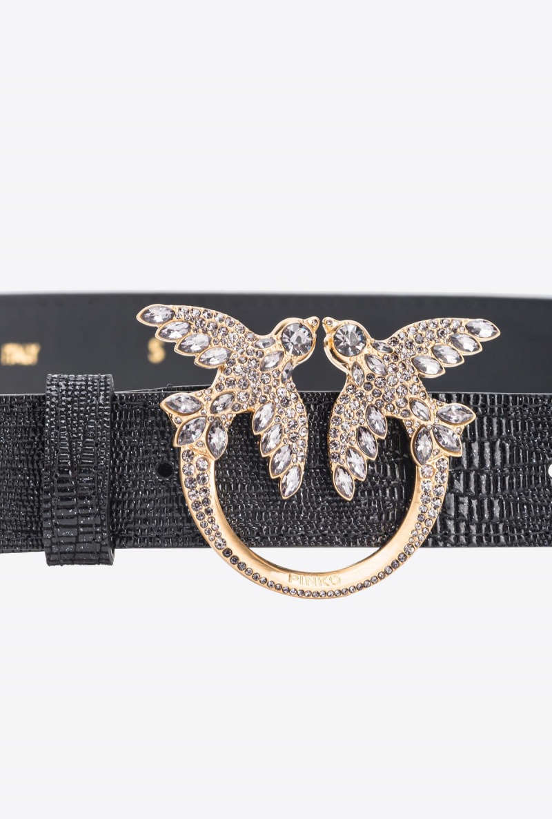 BLACK-BRUSHED GOLD Pinko Galleria glittery reptile-print belt with Love Birds 4cm | YMYGT98569
