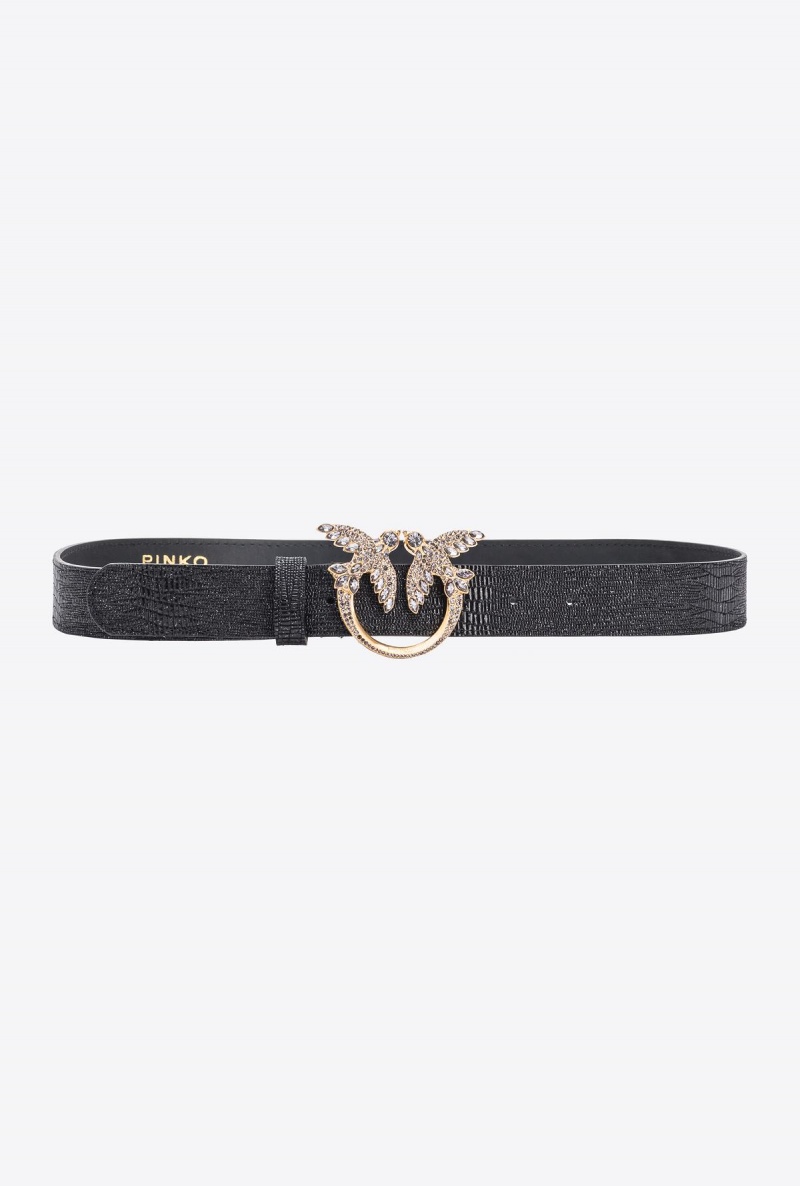 BLACK-BRUSHED GOLD Pinko Galleria glittery reptile-print belt with Love Birds 4cm | YMYGT98569