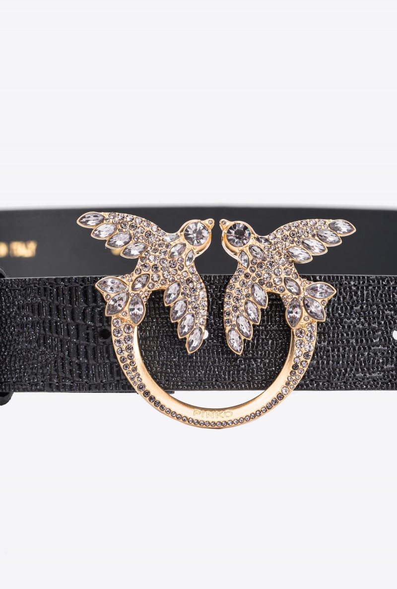 BLACK-BRUSHED GOLD Pinko Galleria glittery reptile-print belt with Love Birds 3cm | XMYGW89731