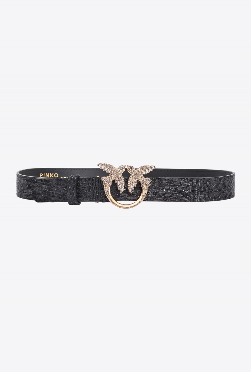 BLACK-BRUSHED GOLD Pinko Galleria glittery reptile-print belt with Love Birds 3cm | XMYGW89731