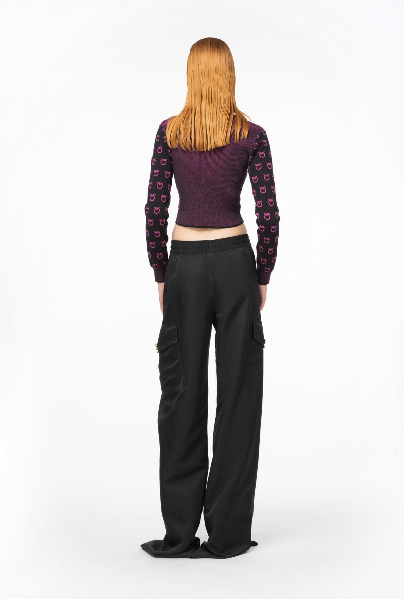 BLACK/FUCHSIA Pinko Cropped logo jacquard cardigan | MYICD66855