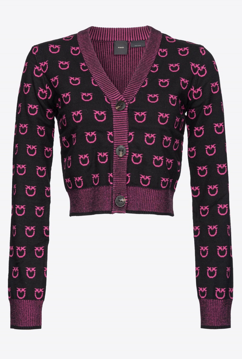 BLACK/FUCHSIA Pinko Cropped logo jacquard cardigan | MYICD66855