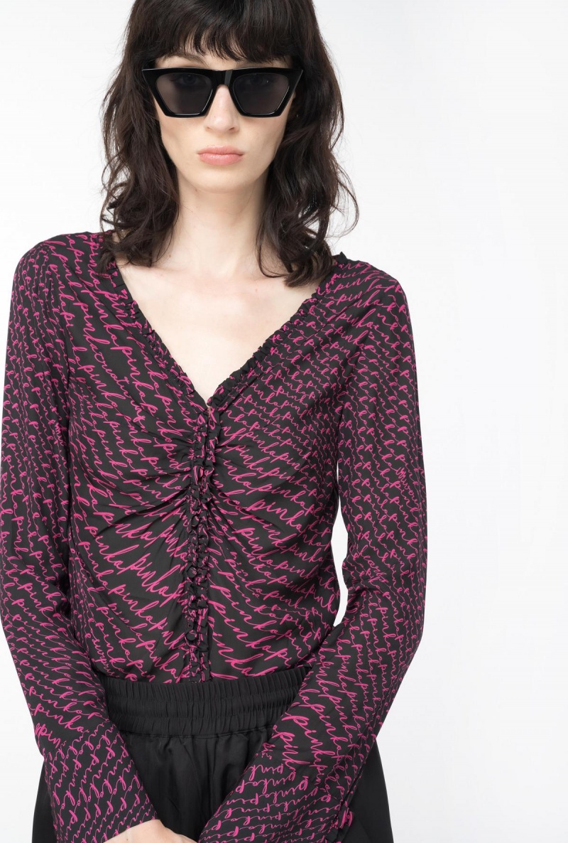 BLACK/FUCHSIA Pinko Georgette blouse with fluid logo print | XMYBH23290