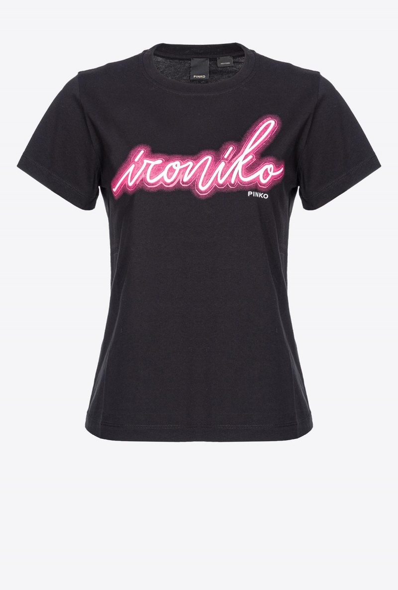BLACK/FUCHSIA Pinko Ironiko-print T-shirt | DMYKV80557