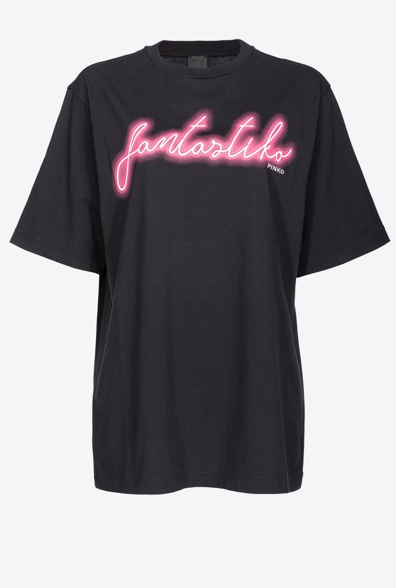 BLACK/FUCHSIA Pinko Oversized T-shirt with Fantastiko print | QMYUV75285