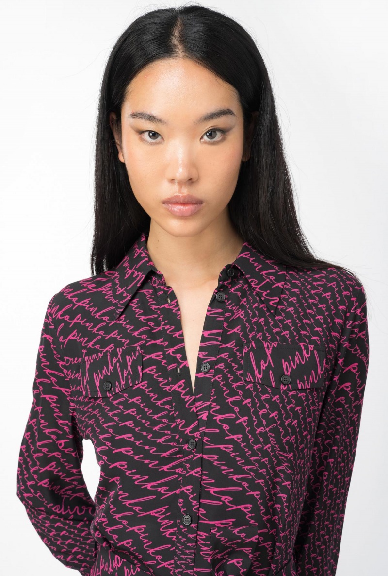 BLACK/FUCHSIA Pinko Shirt dress with fluid logo print | MYICD92805