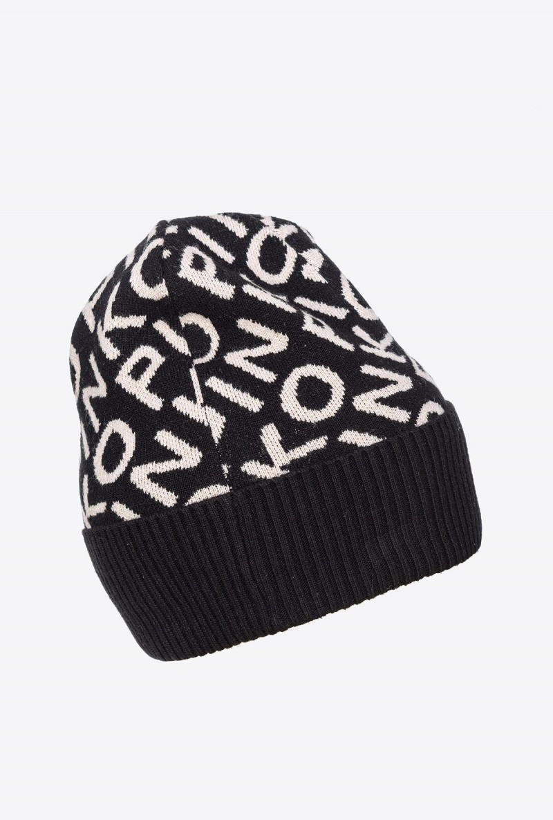 BLACK/IVORY Pinko Branded knit beanie | TMYPQ80476