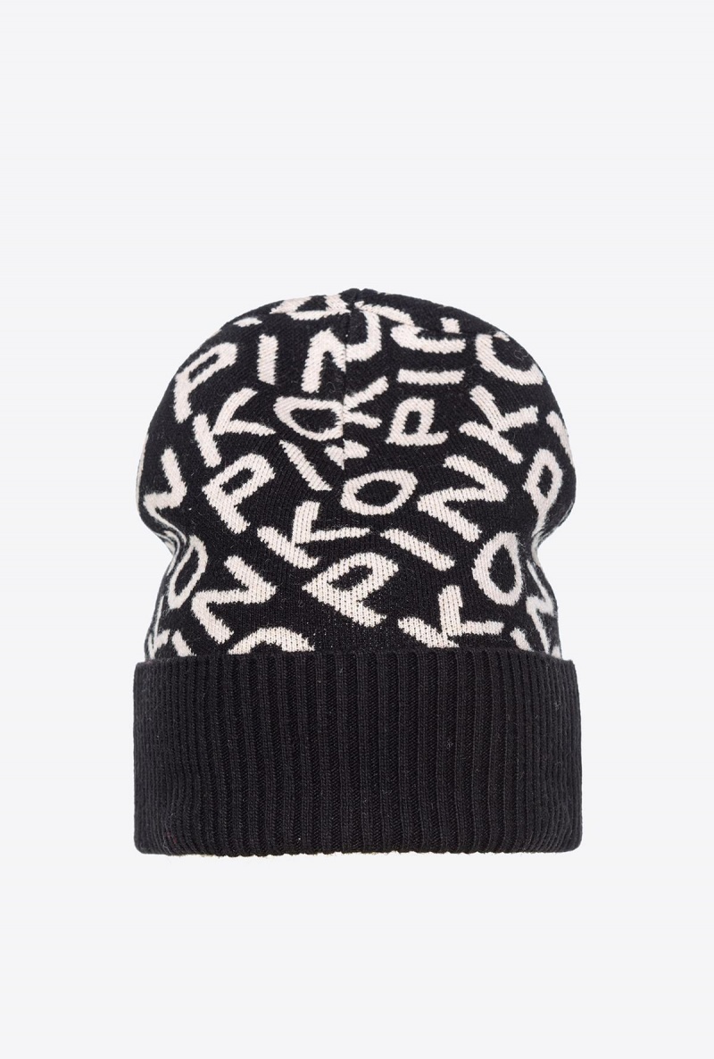 BLACK/IVORY Pinko Branded knit beanie | TMYPQ80476