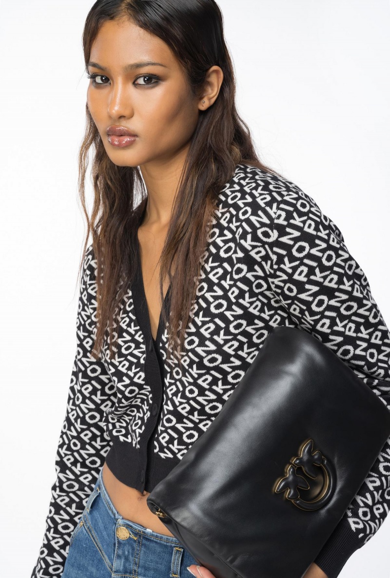 BLACK/IVORY Pinko Cropped jacquard logo cardigan | BMYSD95698