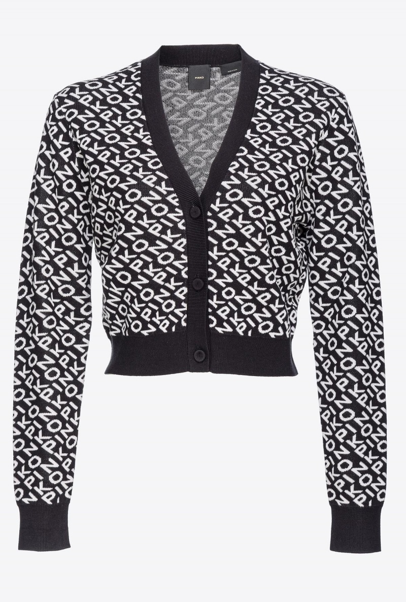 BLACK/IVORY Pinko Cropped jacquard logo cardigan | BMYSD95698
