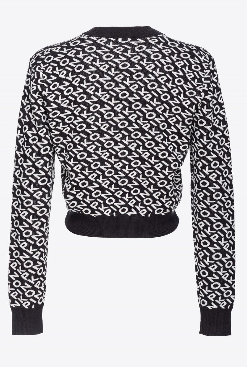 BLACK/IVORY Pinko Cropped jacquard logo cardigan | BMYSD95698