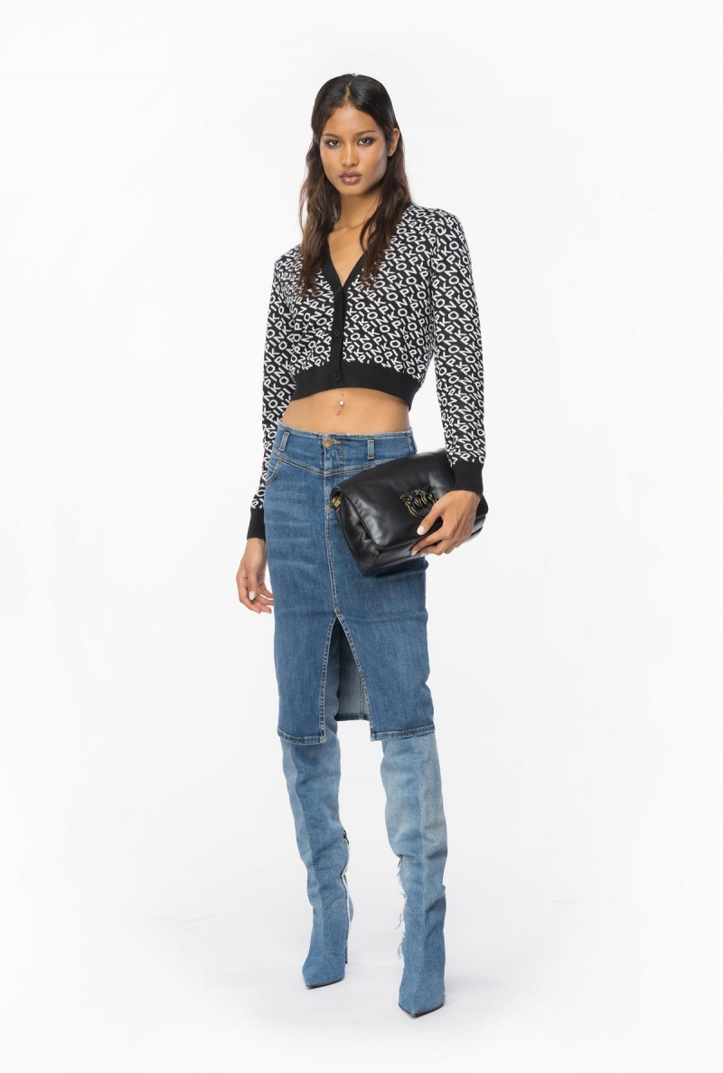 BLACK/IVORY Pinko Cropped jacquard logo cardigan | BMYSD95698
