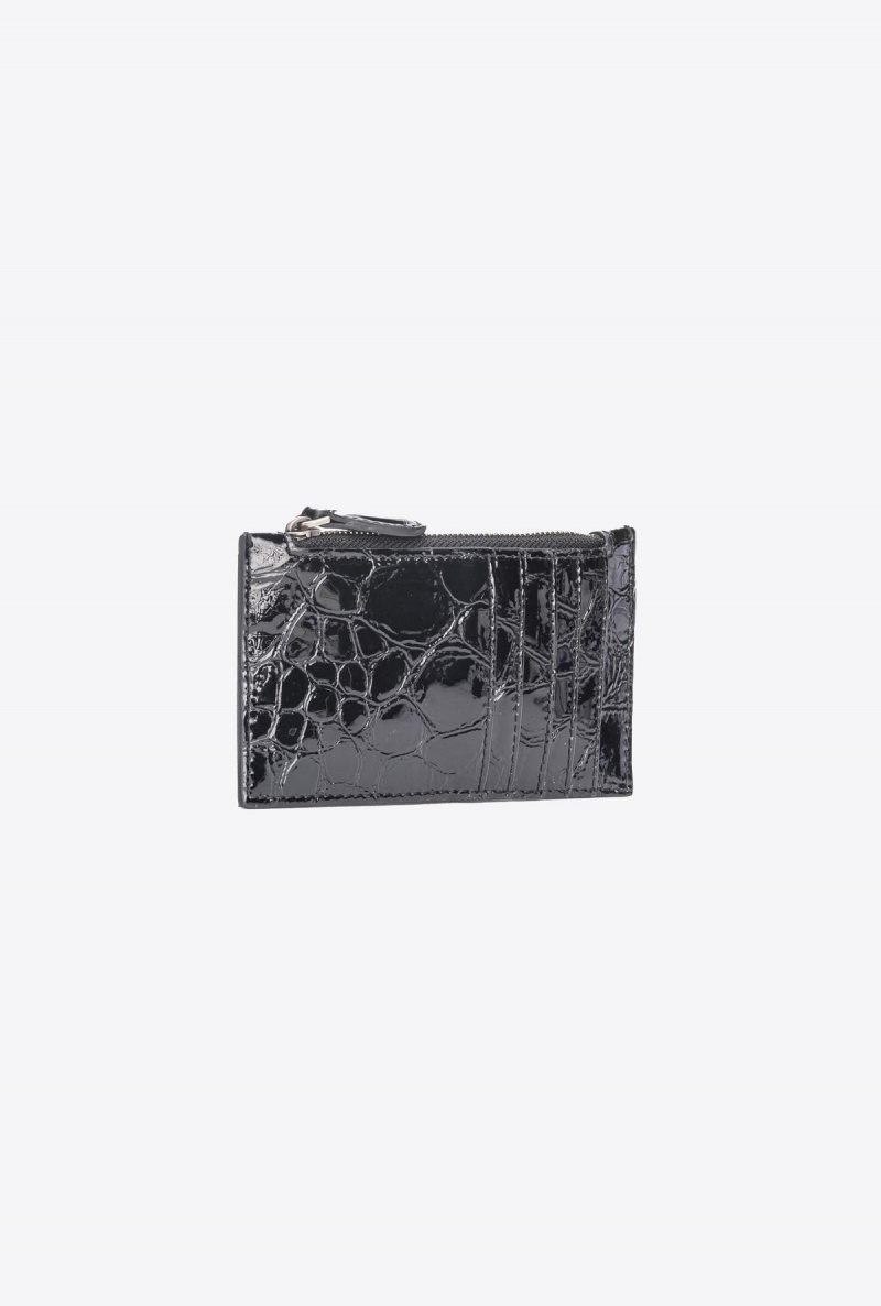 BLACK-OLD SILVER Pinko Galleria glossy crocodile-print card holder | MYXMI93716