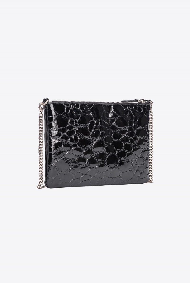 BLACK-OLD SILVER Pinko Galleria patent crocodile Flat Love Bag | FMYHY70721