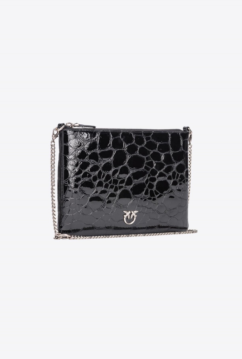 BLACK-OLD SILVER Pinko Galleria patent crocodile Flat Love Bag | FMYHY70721