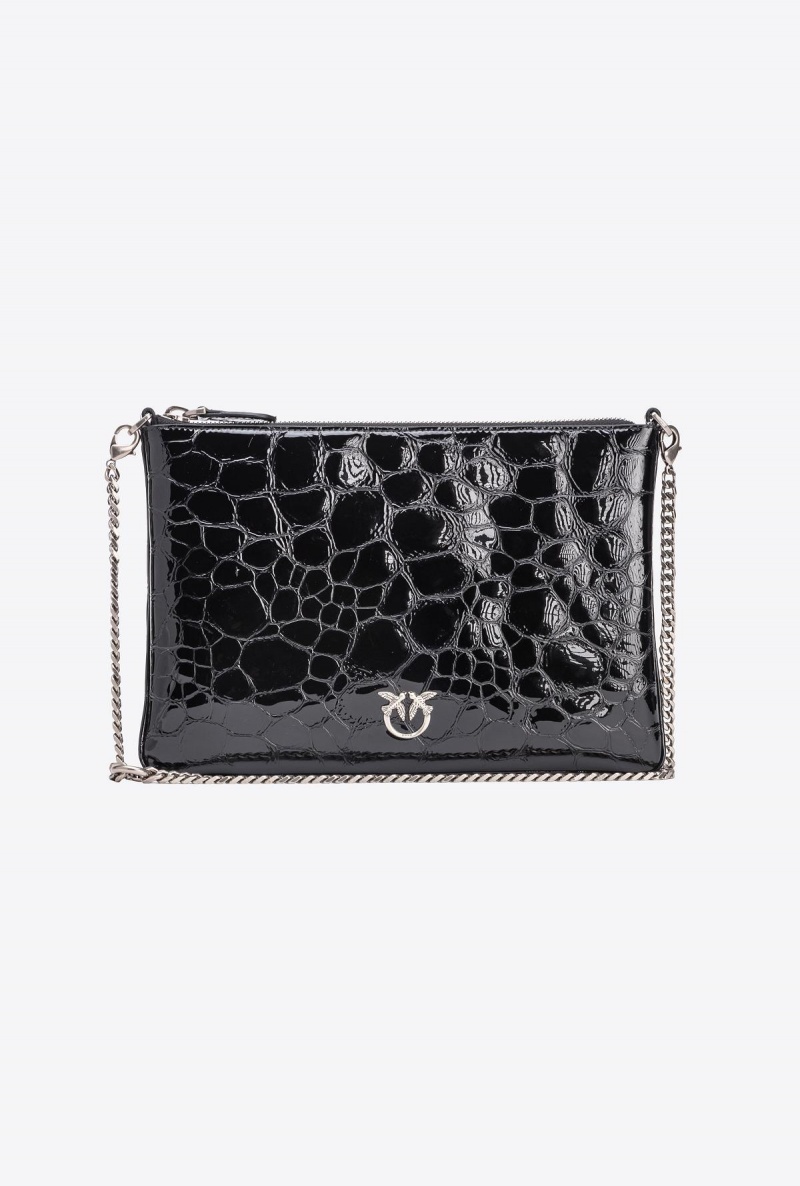 BLACK-OLD SILVER Pinko Galleria patent crocodile Flat Love Bag | FMYHY70721