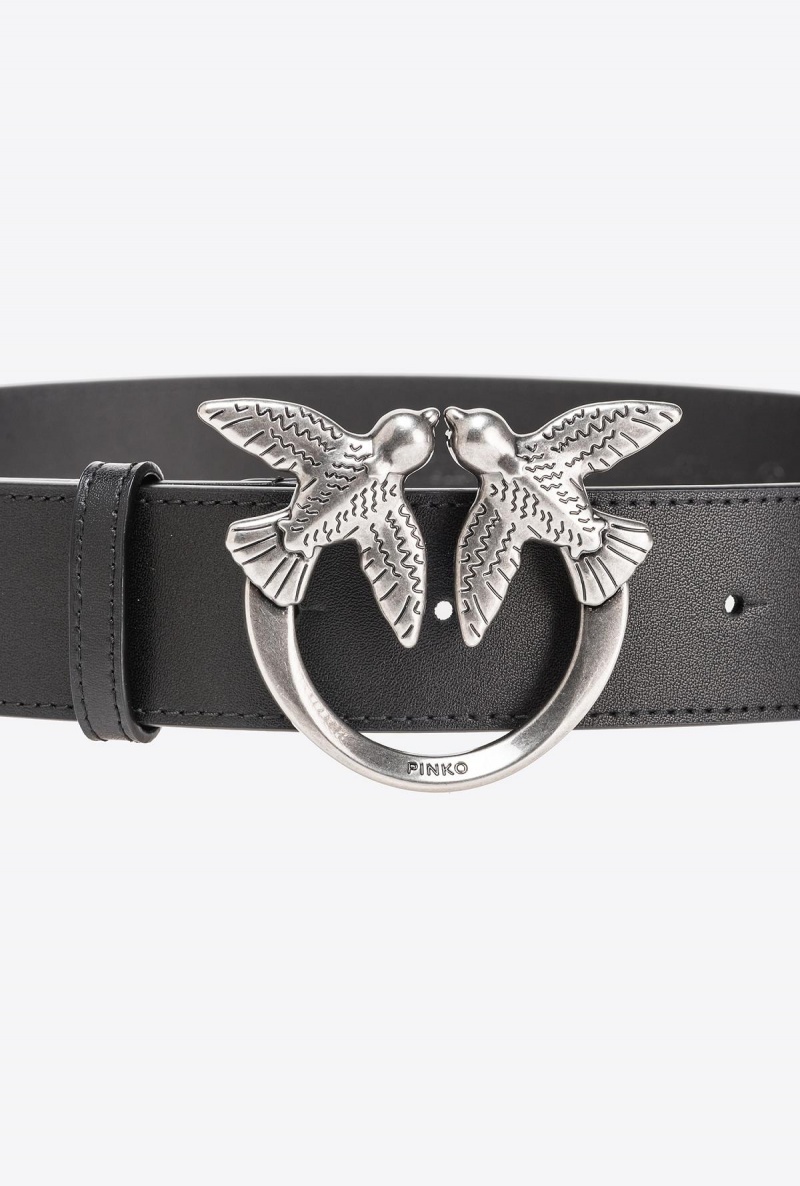 BLACK-OLD SILVER Pinko Love Birds high leather belt 4cm | ZMYMJ51218
