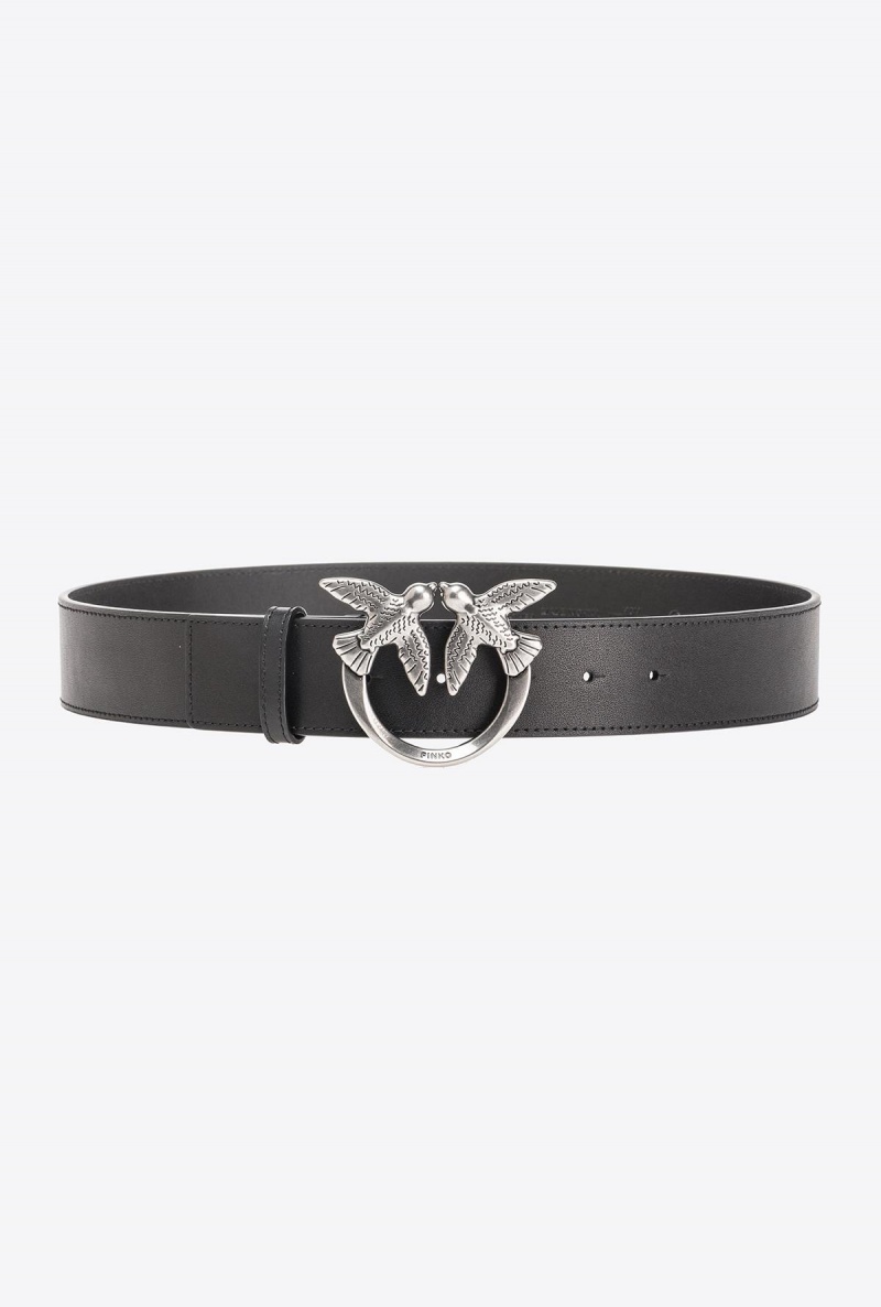 BLACK-OLD SILVER Pinko Love Birds high leather belt 4cm | ZMYMJ51218