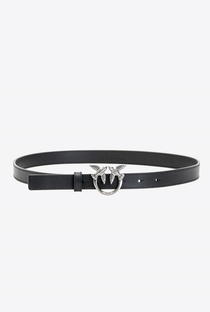 BLACK-OLD SILVER Pinko Love Birds thin leather belt | PMYER91991