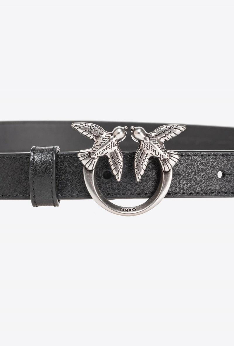 BLACK-OLD SILVER Pinko Love Birds thin leather belt 2cm | MYCVG49029