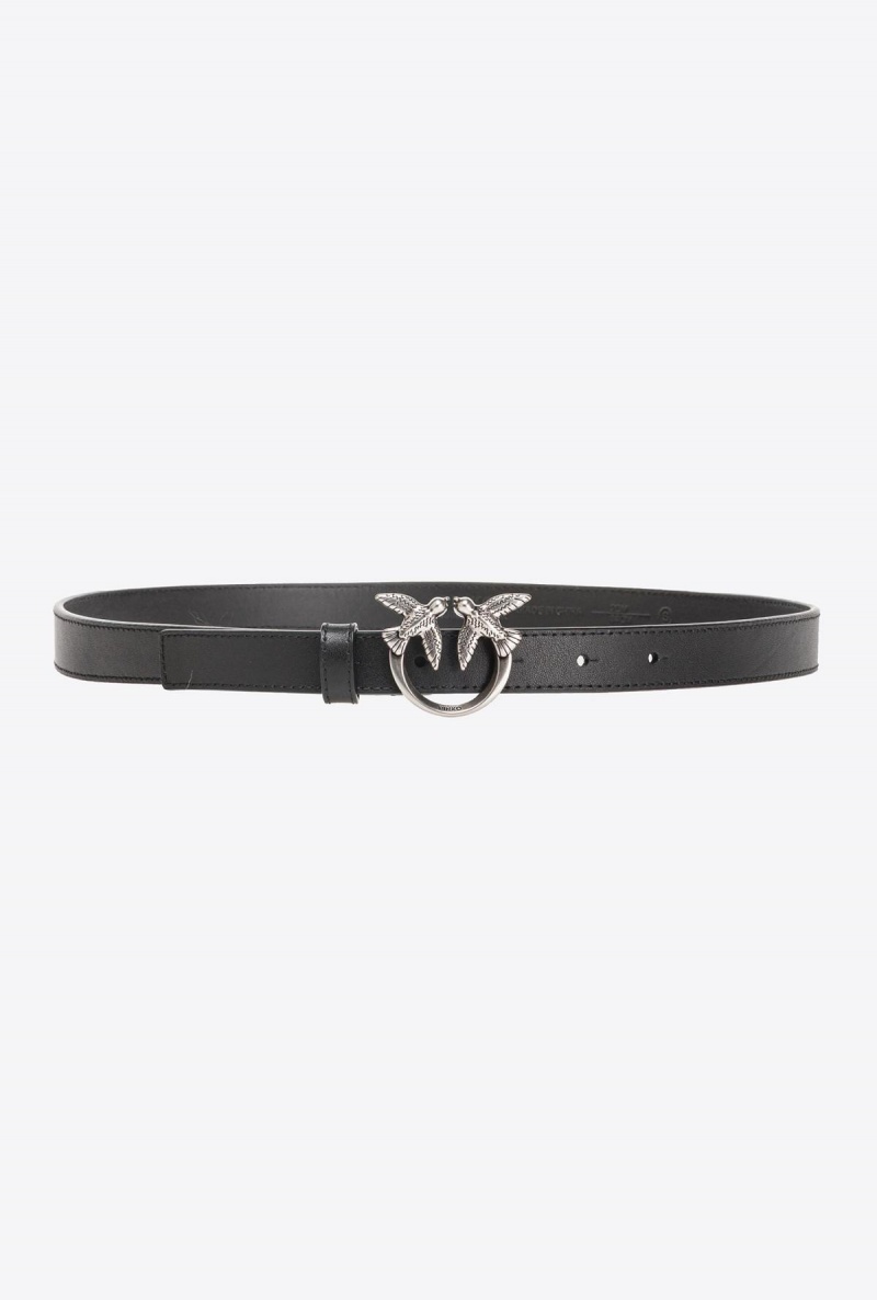 BLACK-OLD SILVER Pinko Love Birds thin leather belt 2cm | MYCVG49029