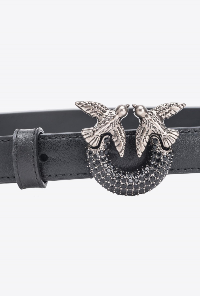 BLACK-OLD SILVER Pinko Thin Love Birds belt with rhinestones 2cm | MMYHR41925