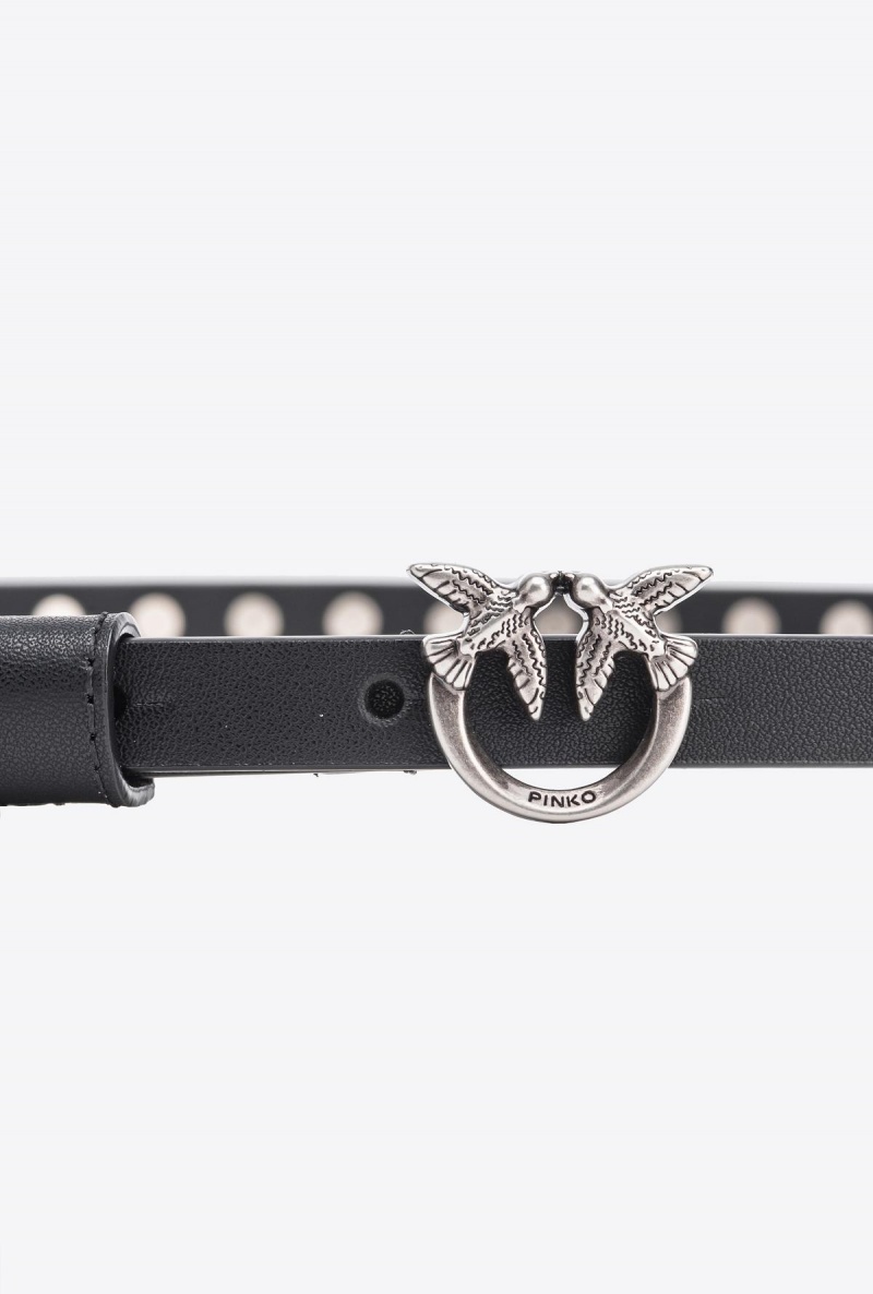 BLACK-OLD SILVER Pinko Thin Love Birds belt with studs 1cm | BMYSD47449